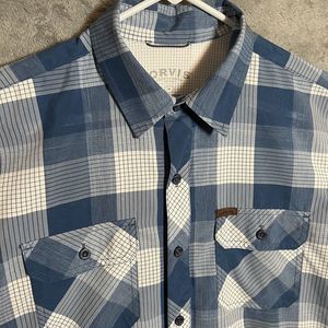 Orvis Button Up Shirt Men's M Blue Plaid‎ Short Sleeve Polyester Fishing Pockets